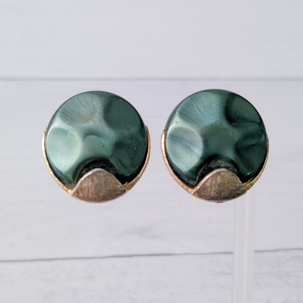 Vintage Clip On Earrings Large Statement Dark Green & Gold Tone Retro
